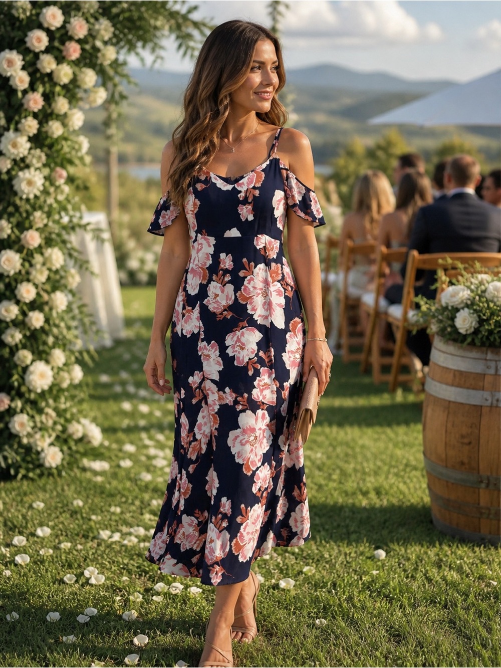 154. Shinestar Navy Floral Cold-Shoulder Midi Dress with Pink Blooms